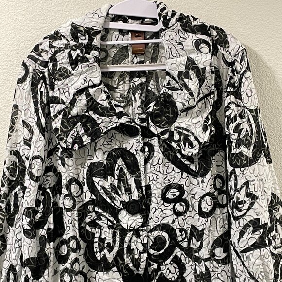 MULTIPLES Button Front Tunic/Lightweight Coat Sheer Long Sleeve, White/Black-XL - Picture 4 of 9